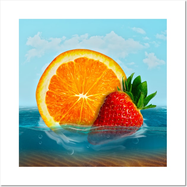 Orange and strawberry in water, strawberry dropped into blue ocean Wall Art by vocej